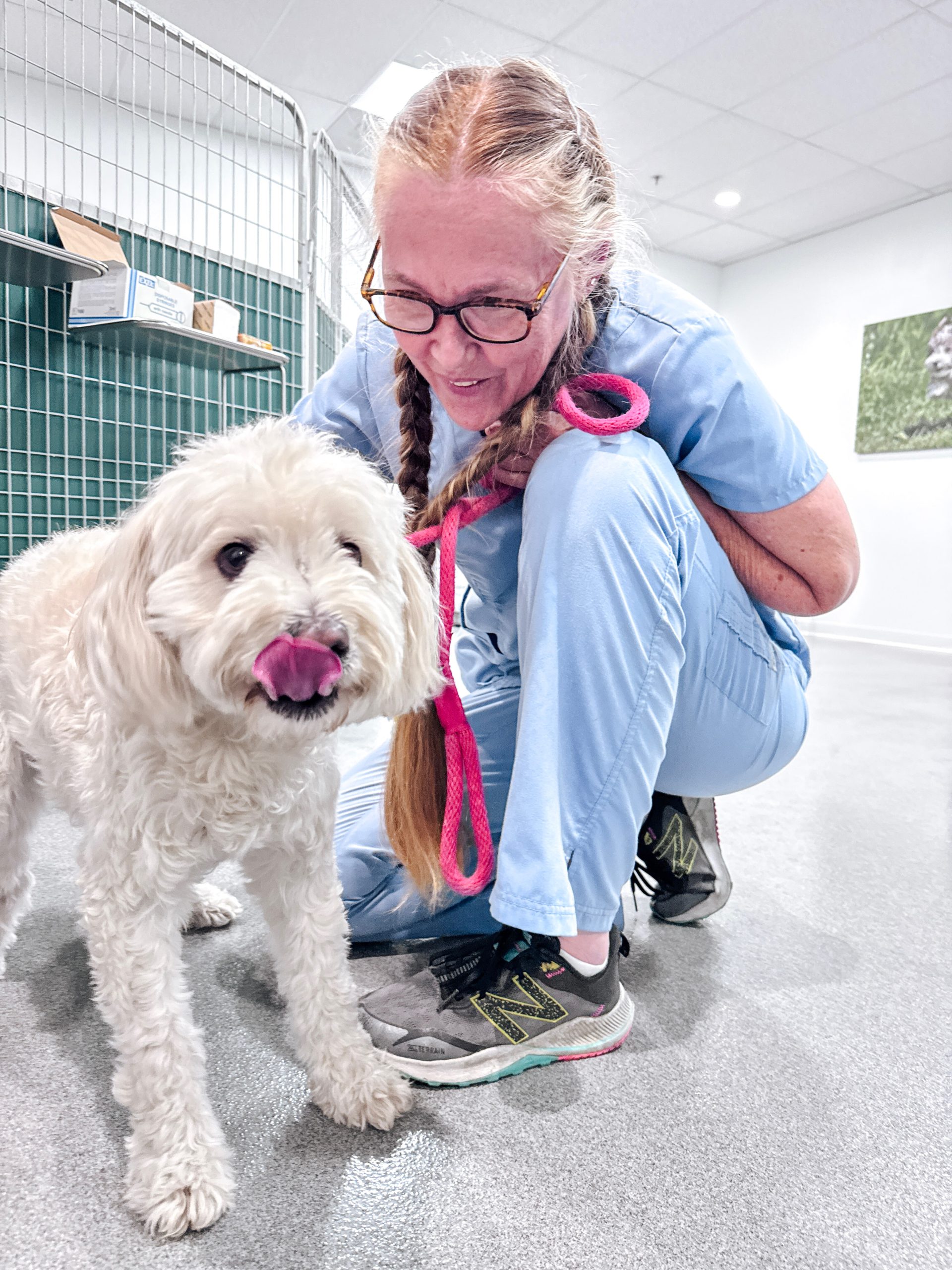 Smart Parke veterinary technician with a happy white dog